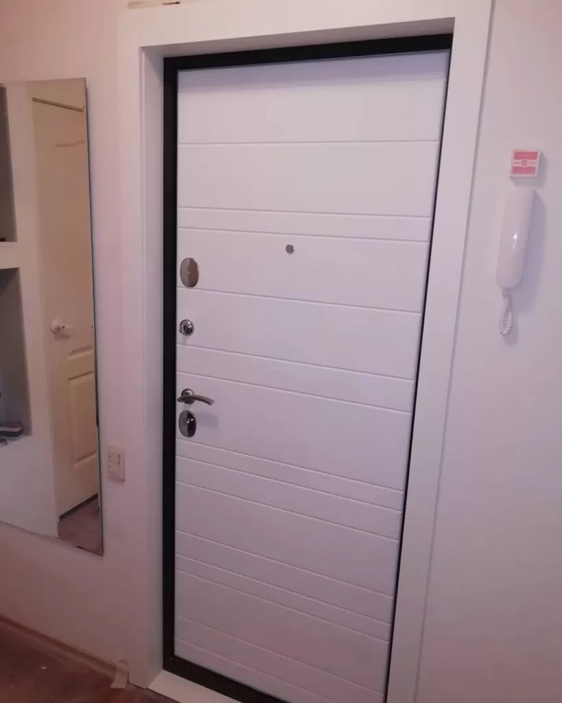 Белая входная дверь с тёмной коробкой